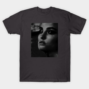 Portrait, digital collage and special processing. Woman. Like in night dreams. Grayscale. T-Shirt